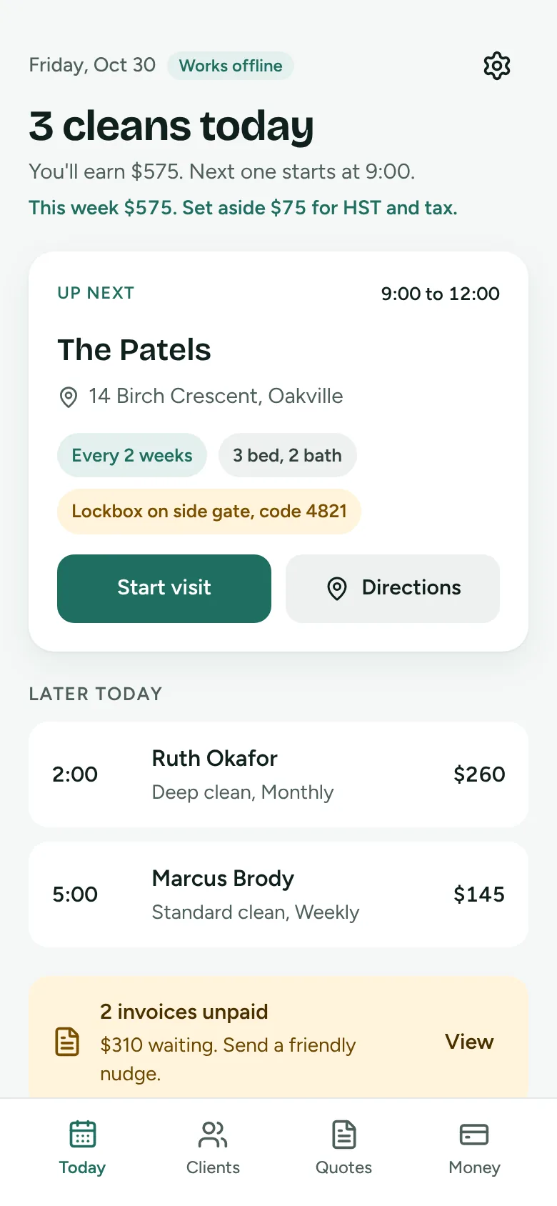 The Today screen of the cleaning app, showing three cleans and what you will earn